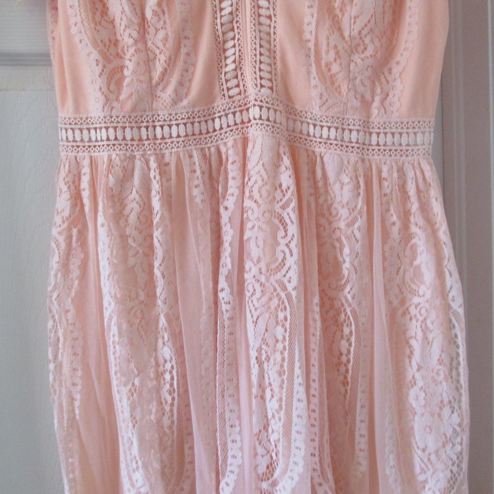 Long Flowy Maxi Dress Womens Peach Orange Short Sleeve Flared V Neck Zip Up Back - Picture 4 of 12